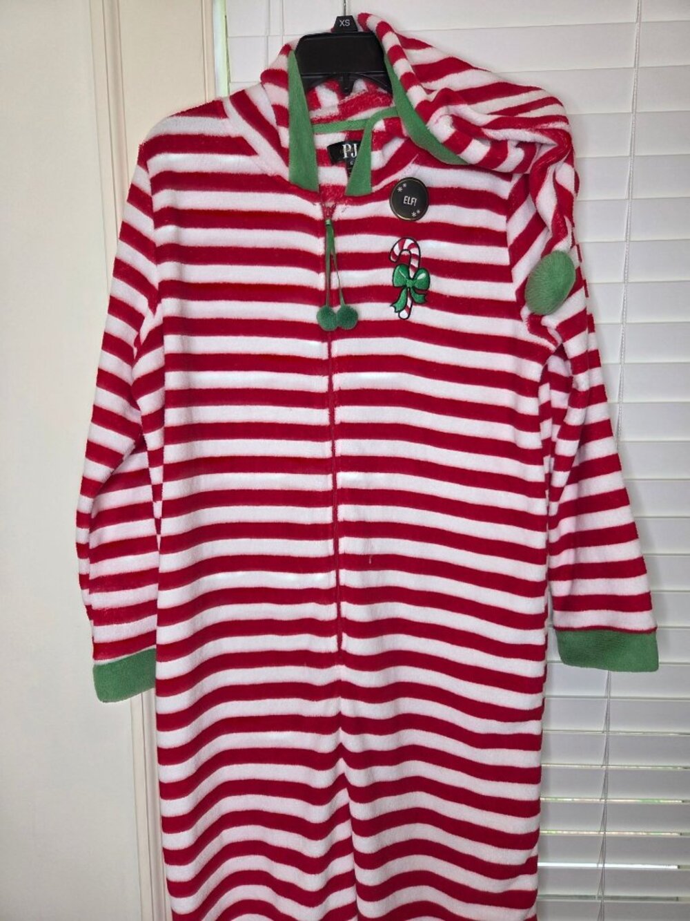 Women's ELF candy cane Striped Holiday Costume  XL Pajama One piece Hood